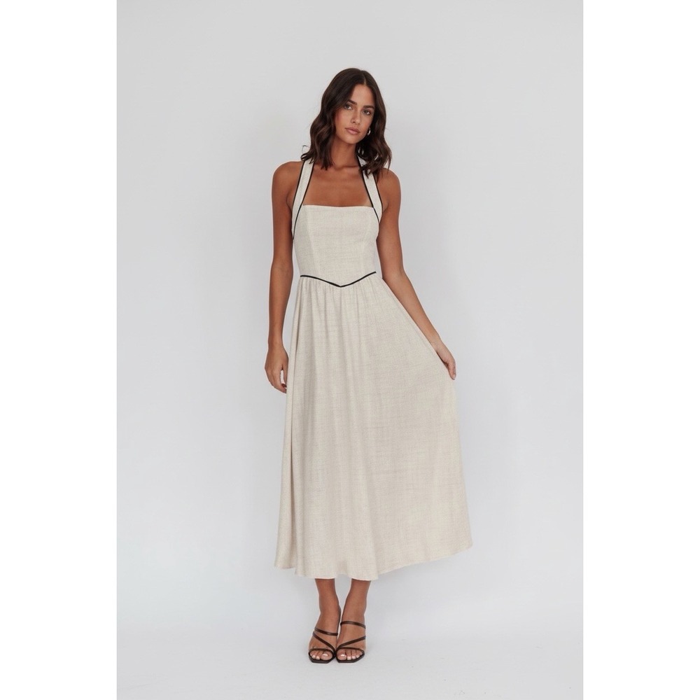 White Closet Elements Linen Blend Halter Neck Maxi Dress Cream Black Trim XL NEW